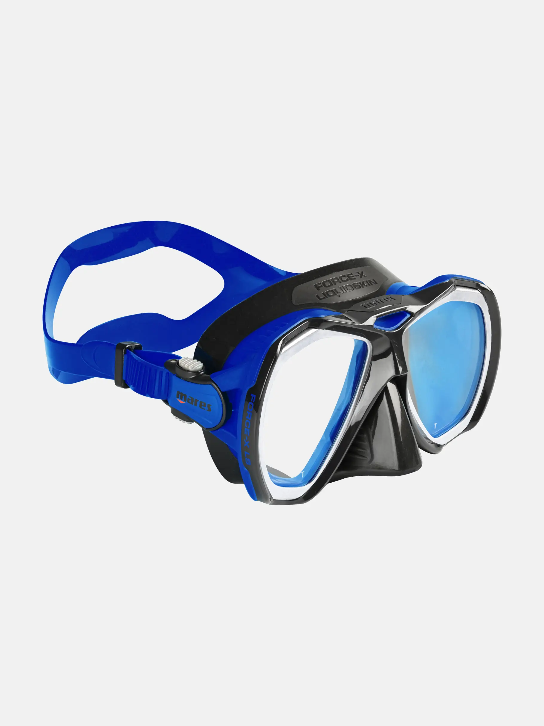 force-x-ls-blå dykmask Mares signaturbisilikon LiquidSkin-teknologi kombinerar fast silikon för stabilitet med mjukt silikon som anpassar sig perfekt till ditt ansikte och ger oöverträffad komfort under längre dyk. DIVERS.se